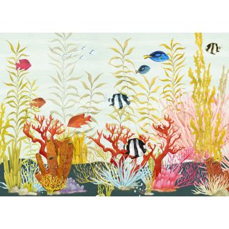   Lélegzetelállító óceáni víz alatti varázslat panoráma fehér korall rózsaszín kék sárga vörös és fekete tónus falpanel