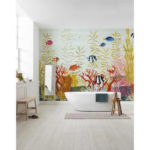 Lélegzetelállító óceáni víz alatti varázslat panoráma fehér korall rózsaszín kék sárga vörös és fekete tónus falpanel