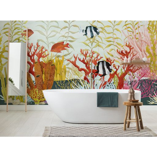 Lélegzetelállító óceáni víz alatti varázslat panoráma fehér korall rózsaszín kék sárga vörös és fekete tónus falpanel