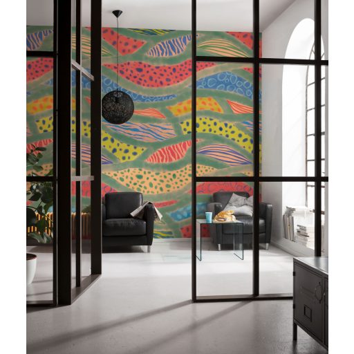 Különböző textúrákkal és mintákkal kitöltött sávokból álló játékos hullámminta korallpiros tengerkék citromsárga és mentazöld tónus falpanel