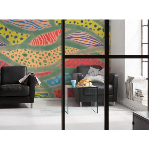 Különböző textúrákkal és mintákkal kitöltött sávokból álló játékos hullámminta korallpiros tengerkék citromsárga és mentazöld tónus falpanel