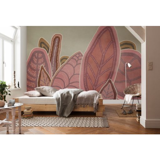 Különböző méretű és formájú stilizált levelek absztrakt mintája bézs barna és rózsaszínes-terrakotta tónus falpanel