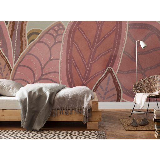 Különböző méretű és formájú stilizált levelek absztrakt mintája bézs barna és rózsaszínes-terrakotta tónus falpanel