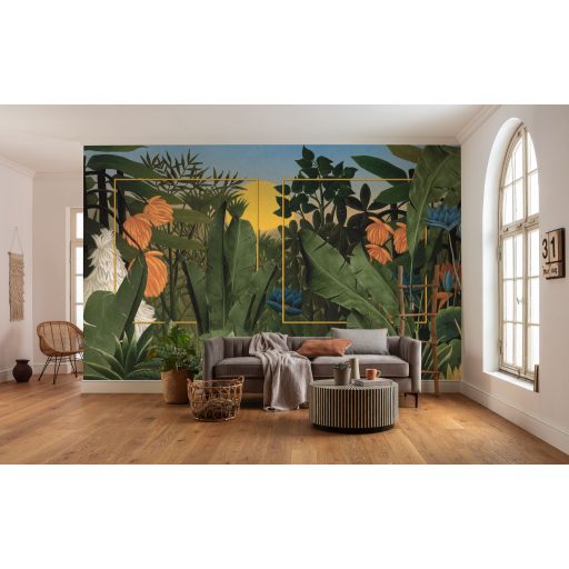 Trópusi dzsungel kompozíció burjánzó növényzettel festői stílusban zöld kék narancs napsárga és sötétbarna tónus falpanel