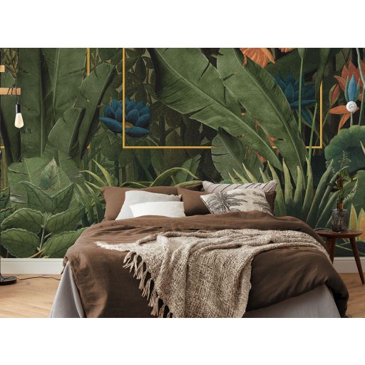 Trópusi dzsungel kompozíció burjánzó növényzettel festői stílusban zöld kék narancs napsárga és sötétbarna tónus falpanel