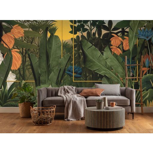 Trópusi dzsungel kompozíció burjánzó növényzettel festői stílusban zöld kék narancs napsárga és sötétbarna tónus falpanel
