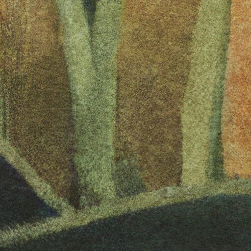 Trópusi dzsungel kompozíció burjánzó növényzettel festői stílusban zöld kék narancs napsárga és sötétbarna tónus falpanel