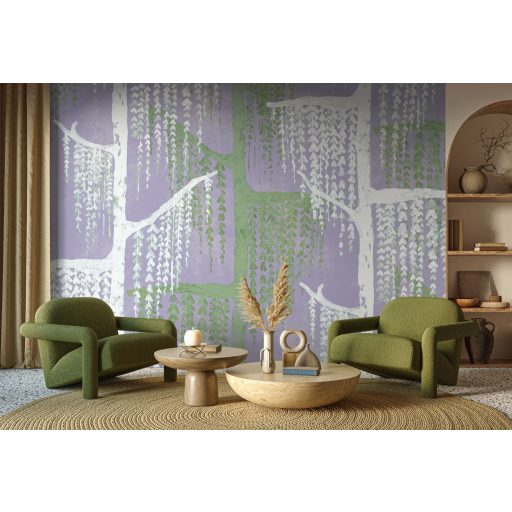 Légies japán ihletésú stilizált szomorúfűz motívum pasztell lila fehér és zöld tónus falpanel