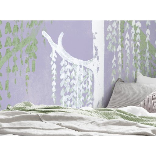 Légies japán ihletésú stilizált szomorúfűz motívum pasztell lila fehér és zöld tónus falpanel