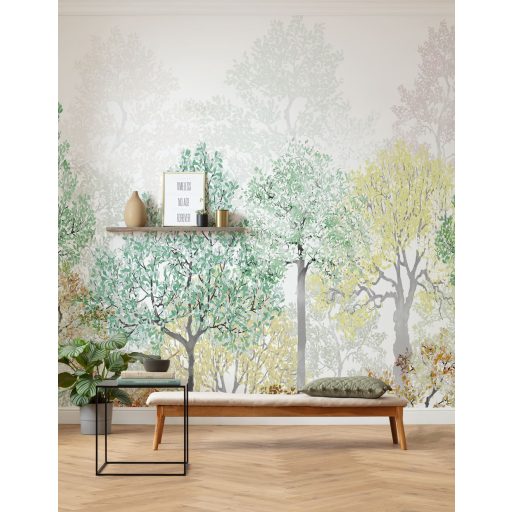 Légies akvarell hatású erdőrészlet színes lombkoronákkal fehér szürke sárga barack narancs menta és pasztellzöld tónus falpanel