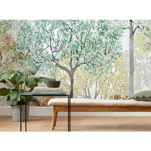 Légies akvarell hatású erdőrészlet színes lombkoronákkal fehér szürke sárga barack narancs menta és pasztellzöld tónus falpanel