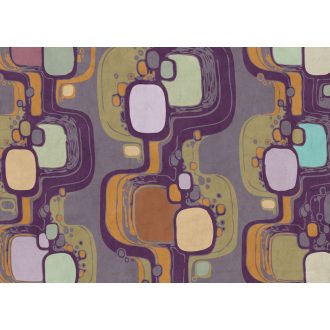   Retro a 70-es évek stílusát idéző absztrakt geometrikus mintázat szürke mélylila okker halvány türkiz zöld és bézs tónus falpanel