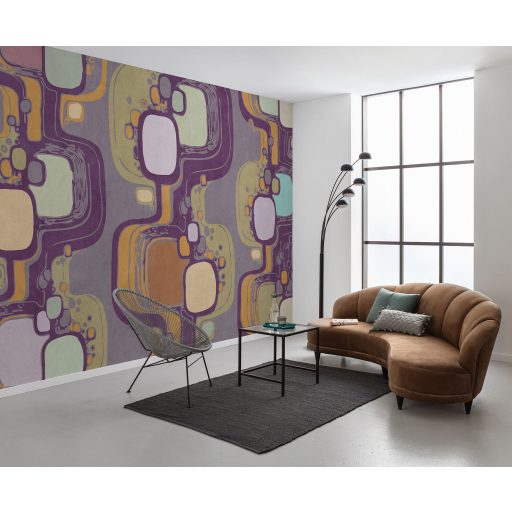 Retro a 70-es évek stílusát idéző absztrakt geometrikus mintázat szürke mélylila okker halvány türkiz zöld és bézs tónus falpanel