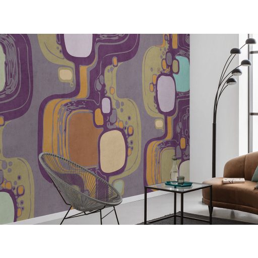 Retro a 70-es évek stílusát idéző absztrakt geometrikus mintázat szürke mélylila okker halvány türkiz zöld és bézs tónus falpanel