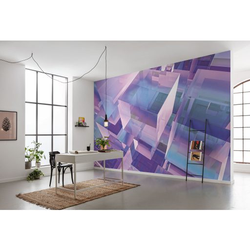 Holografikus 3D absztrakt geometrikus digitális művészeti alkotás rózsaszín kék lila fehér és türkiz tónus falpanel
