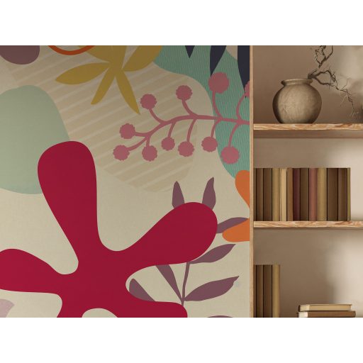 Modern és művészi korall és absztrakt virágok mintája krém burgundi vörös türkiz sötétkék naracs és rózsaszín tónus falpanel