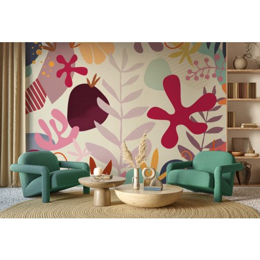 Modern és művészi korall és absztrakt virágok mintája krém burgundi vörös türkiz sötétkék naracs és rózsaszín tónus falpanel