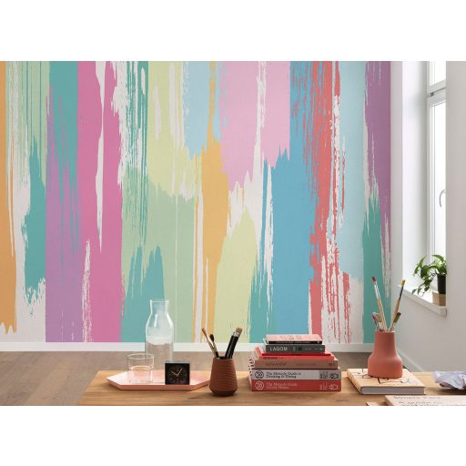 Dinamikus széles ecsetszerű vonásokkal festett absztrakt minta világos türkiz rózsaszín sárga menta narancs és lila tónus falpanel