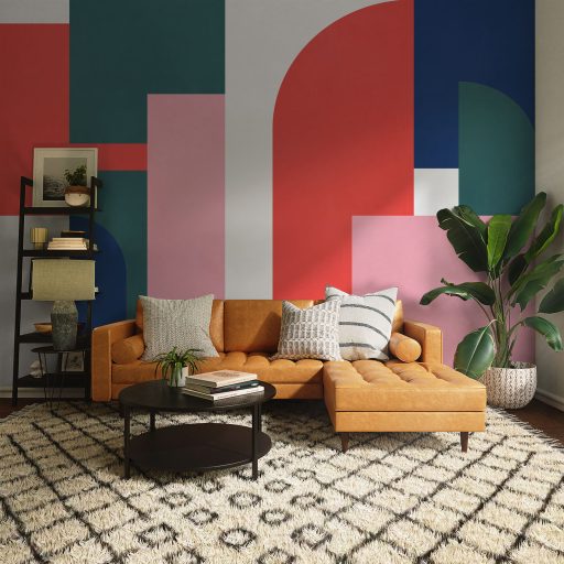 Letisztult minimalista geometriai minta mértani formákból ívekből fehér mélyzöld korallvörös sötétkék és rózsaszín tónus falpanel