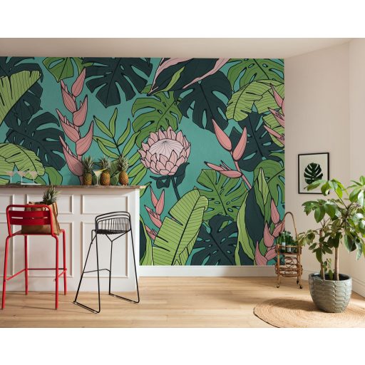 Trópusi ihletésű élénk és részletgazdag egzotikus dzsungel design fissítő türkiz zöld rózsaszín és sötétzöld tónus falpanel
