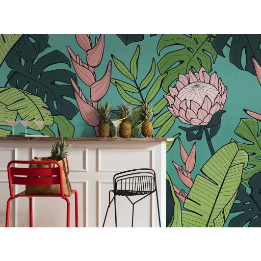 Trópusi ihletésű élénk és részletgazdag egzotikus dzsungel design fissítő türkiz zöld rózsaszín és sötétzöld tónus falpanel