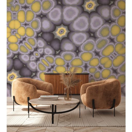 Organikus sejtszerkezetű formákból építkező absztrakt design meleg lágy sárga és levendula-szürke árnyalatok falpanel