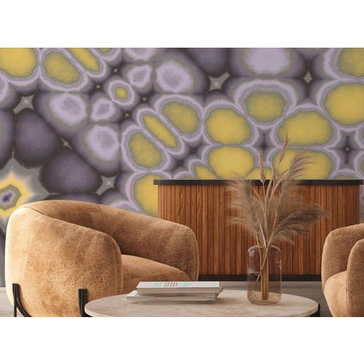 Organikus sejtszerkezetű formákból építkező absztrakt design meleg lágy sárga és levendula-szürke árnyalatok falpanel