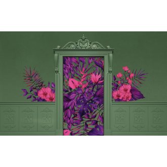   Barokk stílusú enteriőr élénk trópusi virágmintával feldobva mélyzöld lila/bíbor és rózsaszín/magenta tónus falpanel