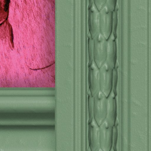 Barokk stílusú enteriőr élénk trópusi virágmintával feldobva mélyzöld lila/bíbor és rózsaszín/magenta tónus falpanel