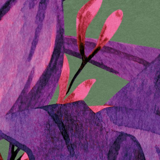 Barokk stílusú enteriőr élénk trópusi virágmintával feldobva mélyzöld lila/bíbor és rózsaszín/magenta tónus falpanel