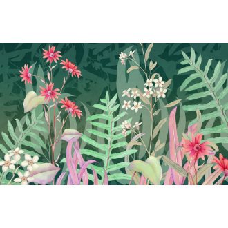   Kifinomult botanikai ihletésű minta egy trópusi kert kompozíciója erdőzöld menta korall/lazac fehér és levendula tónus falpanel