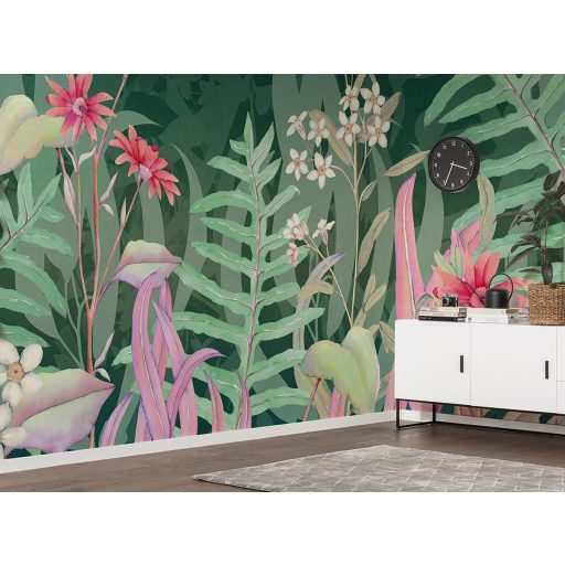 Kifinomult botanikai ihletésű minta egy trópusi kert kompozíciója erdőzöld menta korall/lazac fehér és levendula tónus falpanel