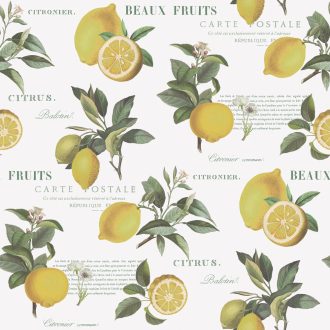   Friss botanikus design - gazdag citrus motívum gyönyörű kalligráfiával fehér sárga és zöld tónus tapéta