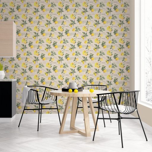Friss botanikus design - gazdag citrus motívum gyönyörű kalligráfiával szürkésbézs sárga és zöld tónus tapéta