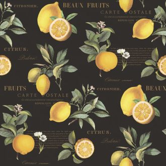   Friss botanikus design - gazdag citrus motívum gyönyörű kalligráfiával fekete sárga és zöld tónus tapéta