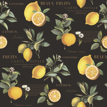 Friss botanikus design - gazdag citrus motívum gyönyörű kalligráfiával fekete sárga és zöld tónus tapéta