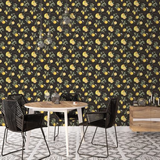 Friss botanikus design - gazdag citrus motívum gyönyörű kalligráfiával fekete sárga és zöld tónus tapéta
