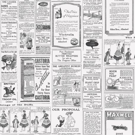 Régi újság hirdetések és karikatúrák kollázsa fehér és fekete tónus tapéta
