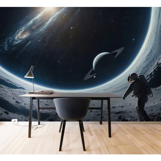 Intergalaktikus panoráma és végtelen 3D térugrás és krátermintázat fekete éjkék holdfény-fehér hamu és grafitszürke tónus falpanel