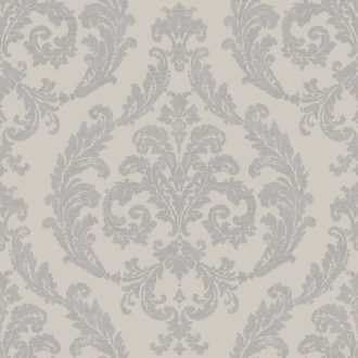   Klasszikus barokk díszítőminta textil háttéren szürke/bézses szürke és ezüstszürke tónus finom fémes hatás tapéta
