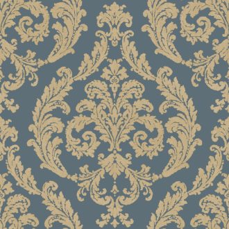   Klasszikus barokk díszítőminta textil háttéren mély tengerkék és arany/aranysárga tónus finom fémes hatás tapéta
