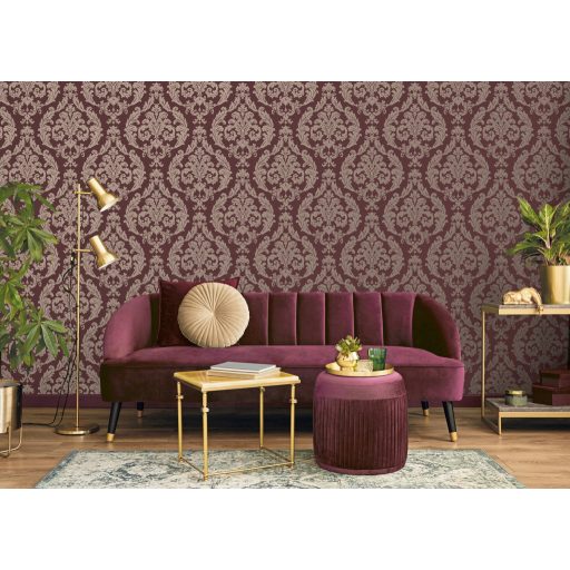 Klasszikus barokk díszítőminta textil háttéren burgundi és arany/aranybarna tónus finom fémes hatás tapéta