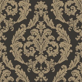   Klasszikus barokk díszítőminta textil háttéren sötétbarna/antracit és aranybarna tónus finom fémes hatás tapéta