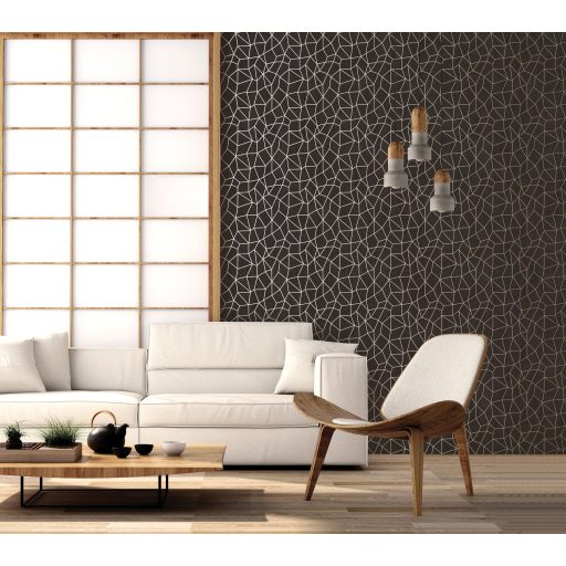 Pókhálóként szétterülő csillogó vonalak absztrakt hálózatmintája sötátbarna/antracit/ébenfekete és ezüst tónus fémes hatás tapéta