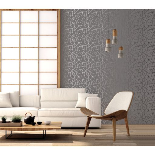 Pókhálóként szétterülő csillogó vonalak absztrakt hálózatmintája barna/szürkésbarna és jeges ezüst tónus fémes hatás tapéta