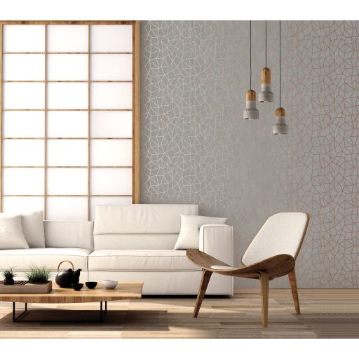 Pókhálóként szétterülő csillogó vonalak absztrakt hálózatmintája szürke/szürkésbarna és vörösréz tónus fémes hatás tapéta