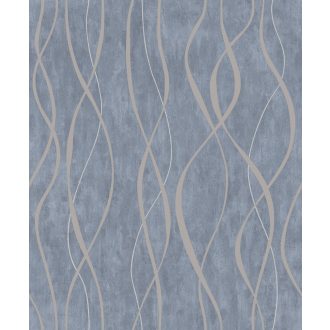   Fényjátékkal kápráztató grafikus vintage hullámminta kékes-szürke aranyló-ezüst és ezüst tónus fémes hatás tapéta