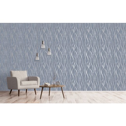 Fényjátékkal kápráztató grafikus vintage hullámminta kékes-szürke aranyló-ezüst és ezüst tónus fémes hatás tapéta