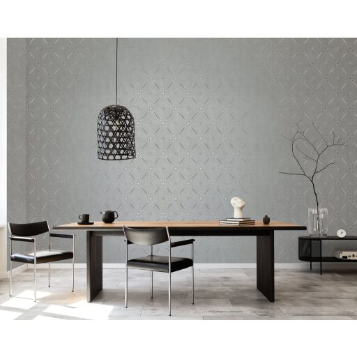 Fókuszált vizuális és fényenergia egy geometrikus mintában elegáns szürke alap és fémes ezüst tónusú mintavezetés tapéta