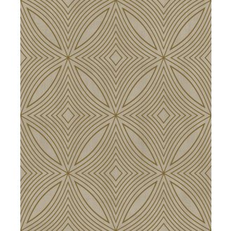   Fókuszált vizuális és fényenergia egy geometrikus mintában világosbarna alap és fémes arany tónusú mintavezetés tapéta